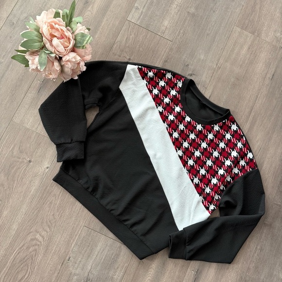 SHEIN Red & Black Houndstooth Stripe Crewneck Sweatshirt - Picture 1 of 5